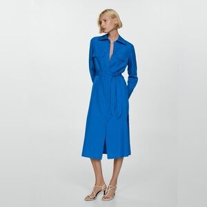 Mango blue lyocell shirt dress with bow NWT